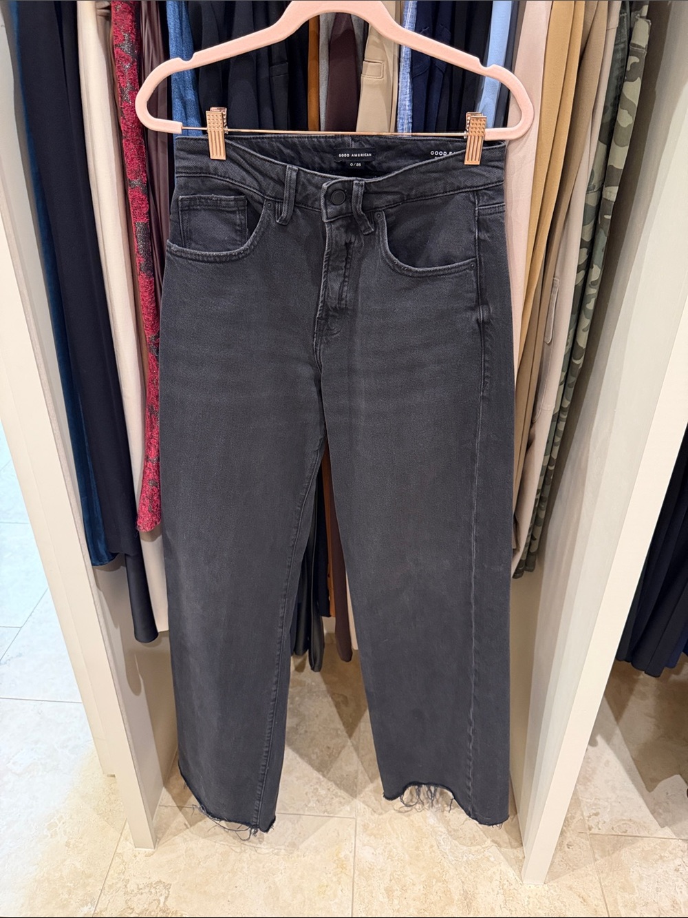 Good American Black Wide-Leg High-Rise Jeans with Frayed Hem